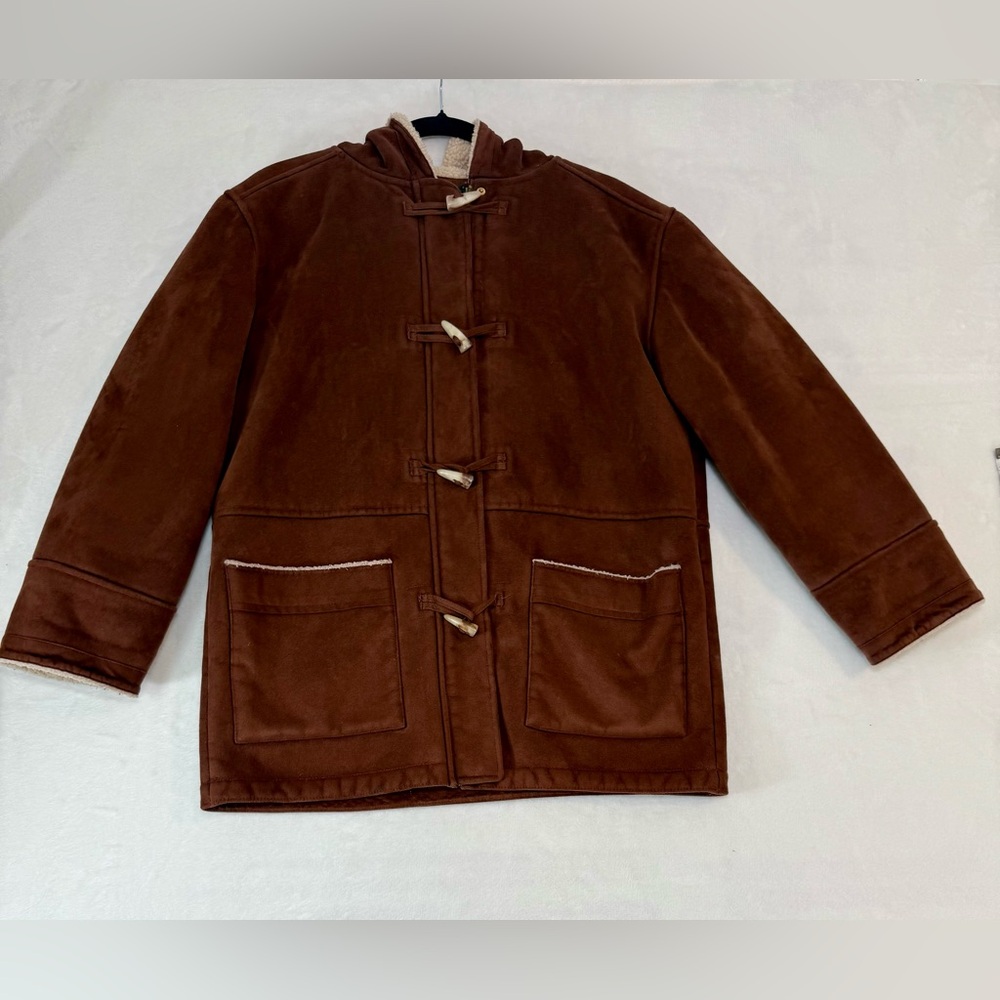 Ralph Lauren Duffle Coat Petite Medium Brown Faux Suede Sherpa Lined Hood Toggl